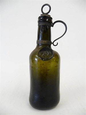 Lot 14 - An English Free Blown Glass Small Sealed Wine Bottle, 1791, the cylindrical body with later...