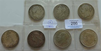 Lot 286 - 7 x Crowns: 1819 LX contact marks VG, 1821 SECUNDO VG, 1845 VIII light contact marks, good edge...