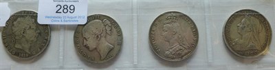 Lot 289 - 4 x Crowns:  1819 LIX contact marks and scratches VG, 1845 VIII minor contact marks,  good edge...