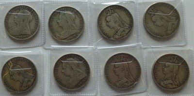 Lot 291 - Victoria,  8 x Crowns: 1889(x2), 1890(x2), 1892, 1896 LX(x2) and 1897 LX, a couple with edge...