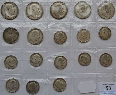 Lot 53 - 18 x Edward VII Silver Coins comprising:  5 x halfcrowns  1904, 1906, 1909(x2) & 1910, 2 x florins