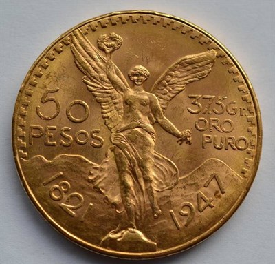 Lot 54 - Mexico Gold 50 Pesos 1947 'Centennial of Independence,'  41.77g, .900 gold, minor contact marks...