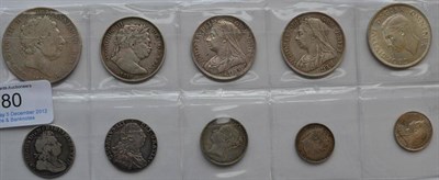 Lot 80 - 10 x English Silver Coins comprising: Crown 1819 L1X contact marks/hairlines VG, 4 x...