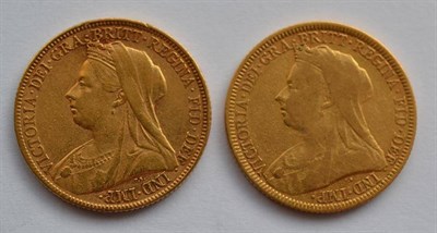 Lot 97 - 2 x Sovereigns: 1896M, light obv.  scratches, bust VG o/wise Fine & 1899M contact marks &...