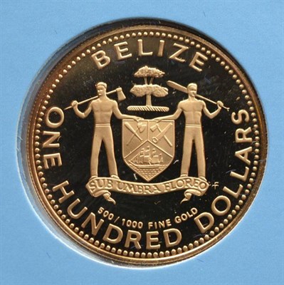 Lot 106 - Belize, Gold Proof 100 Dollars 1980, 6.2g of .500 gold, with cert, in CofI, FDC