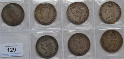 Lot 129 - Victoria, 7 x Jubilee Head Crowns:  1889(x4), 1891 digs in obv. field & 1892(x2), all similarly...