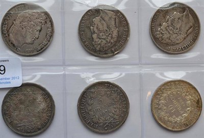 Lot 139 - France, 6 x Silver 5 Francs: 1840W lustrous, 1842W marks on bust & edge bumps, 1845W scratches both