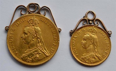 Lot 150 - Victoria, Gold £5 & £2 1887, both with scroll mounts, coins VF