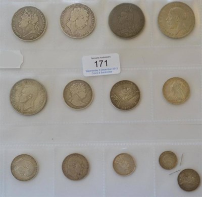 Lot 171 - 13 x English Silver Coins comprising: 5 x crowns: 1818 edge lettering filed down, hairlines &...