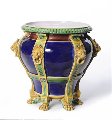 Lot 37 - A Minton Majolica Jardiniere, 1873, of squat baluster shape, with gadrooned everted rim, in typical