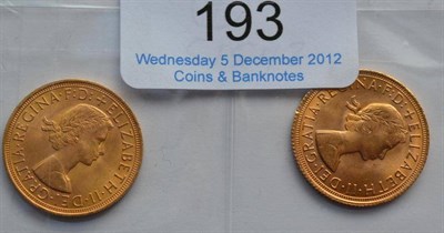 Lot 193 - 2 x Sovereigns:  1957 & 1966, EF or+