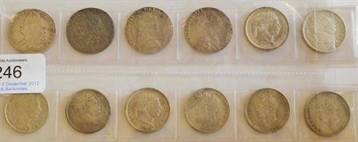 Lot 246 - 12 x Shillings comprising: George II 1751, scarce date but cleaned & traces of edge mount at 12...