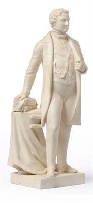 Lot 49 - A Minton Parian Figure of Sir Robert Peel, 1858, standing beside a cloth draped pillar on which...