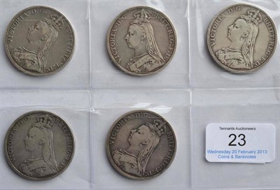 Lot 23 - Victoria, 5 x Jubilee Head Crowns: 1887, 1889, 1890, 1891 & 1892, AFine to Fine