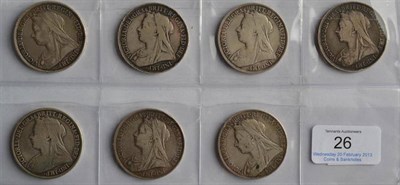 Lot 26 - Victoria, 7 x Old Head Crowns: 1893 LVI, 1895 LVII scratches on bust, 1897 LXI(x2), 1898 LXII &...