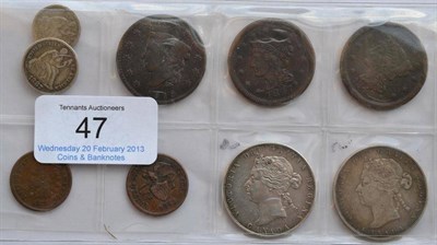 Lot 47 - USA 10 x Bronze & Silver Coins comprising: dime 1887s Fine, half dime 1847 VG, 7 x cents: 1819...