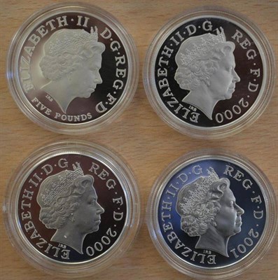 Lot 76 - 4 x Silver Proof £5: 2000, 2000 (piedfort) 'Queen Mother 100th Birthday,' 2001 'Victoria...