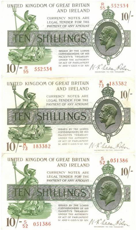 Lot 238 - Treasury Notes, 3 x 10 Shillings 2nd Warren Fisher issue (1922), prefixes  K, R & S, corner...