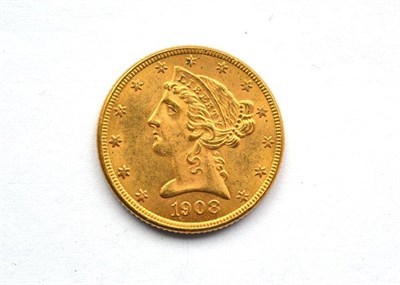 Lot 50 - USA Gold 5 Dollars 1908 Coronet Head, 8.3g, .900 gold, VF