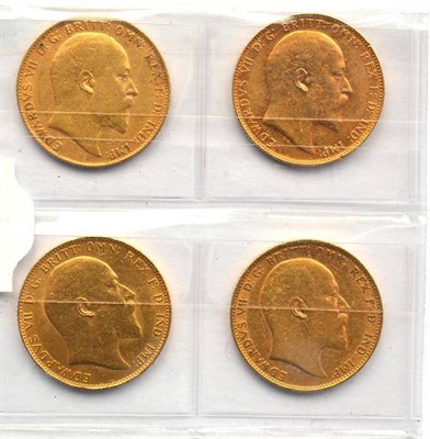 Lot 52 - Edward VII, 4 x Sovereigns: 1904, 1906(x2) & 1907P, Fine to VF