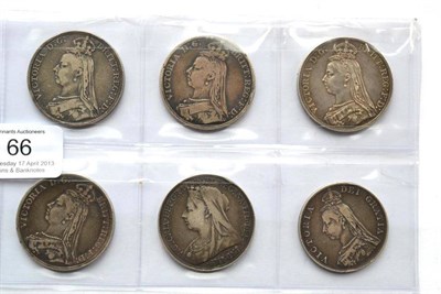 Lot 66 - Victoria, 5 x Crowns: 1888, 1889(x2), 1890 & 1895 LIX, AFine to AVF(1 x 1889) & double florin...