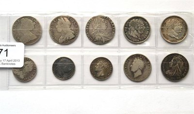 Lot 71 - 7 x Shillings: 1711 4th bust, plain in angles, bust & rev. crowns worn smooth Fair to VG, 1739...