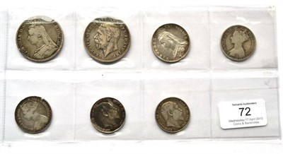 Lot 72 - Miscellaneous English Silver Coins comprising: 2 x crowns: 1890 edge bumps/nicks VG to AFine,...