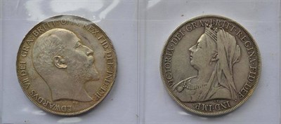 Lot 91 - 2 x Crowns: 1902 light contact marks & minor edge imperfections, lightly toned GVF & 1900 LXIV...