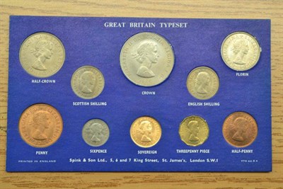 Lot 95 - Sovereign 1965, included with 9 other coins (halfpenny to crown) in a card-mounted year set...