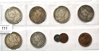 Lot 111 - Victoria, Miscellaneous Silver & Bronze Coins comprising: 5 x crowns 1888, 1889, 1890, 1892 &...