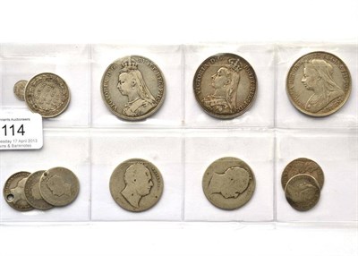 Lot 114 - Miscellaneous English Silver Coins comprising: 3 x crowns 1889(x2) & 1897 LXI,  Bank of England...