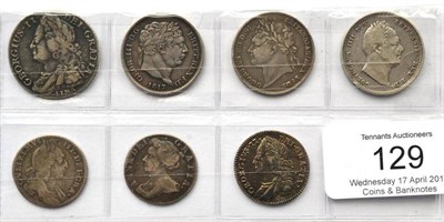 Lot 129 - 4 x Shillings: 1745 LIMA rev. scratches in angles o/wise toned GFine/VF, 1817 obv. trivial...