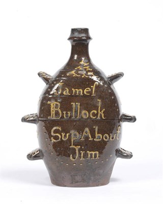 Lot 87 - A West Country Slip Decorated Pottery Harvest Flask, circa 1800, of flat sided ovoid form, with...