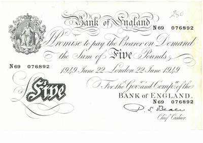 Lot 156 - White £5 Beale, London 22 June 1949 (N69), cashier's mark in blue pencil in top right obv....