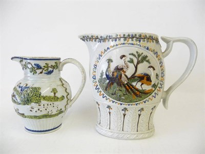 Lot 96 - A Prattware Pottery Peacock Jug, circa 1800, applied with two different groups of peacocks to...