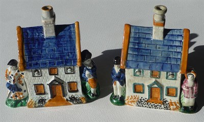 Lot 97 - Two Pearlware Pottery Cottage Money Boxes, Yorkshire type, circa 1820, each with blue tiled...