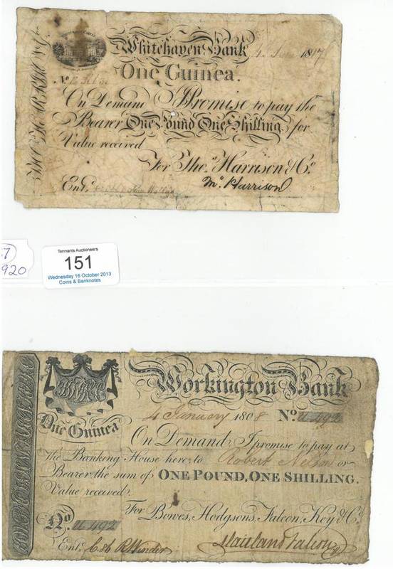 Lot 151 - 5 x Early 19th Century Provincial Banknotes comprising: Whitehaven Bank One guinea 1817 'For...