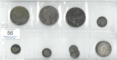 Lot 56 - 8 x English Silver Coins comprising: Charles II crown 1680 T SECVNDO, 1st bust, Poor, crown...