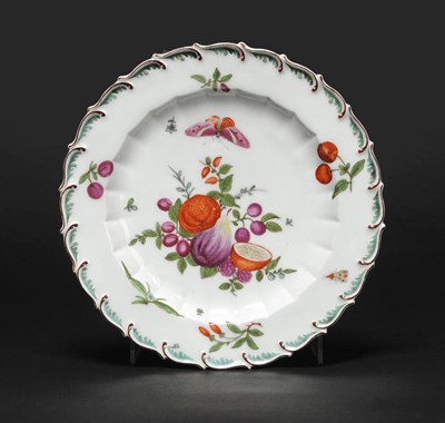 Lot 139 - A Chelsea Porcelain Fruit Painted Dessert Plate, Brown Anchor, circa 1758-60, moulded with...