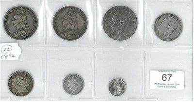 Lot 67 - 7 x Miscellaneous English Silver Coins comprising: 3 x crowns 1890, 1892 AFine & 1935 VF, halfcrown