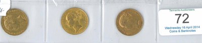 Lot 72 - Victoria, 3 x Shieldback Sovereigns: 1853, 1871 die 76 & 1875s, minor contact marks, generally Fine