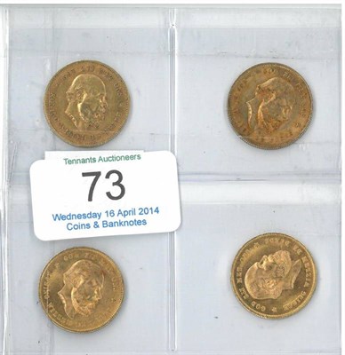 Lot 73 - Netherlands, 4 x Gold 10 Gulden: 1875, 1876, 1877 & 1880, total weight 26.9g of .900 gold, all...