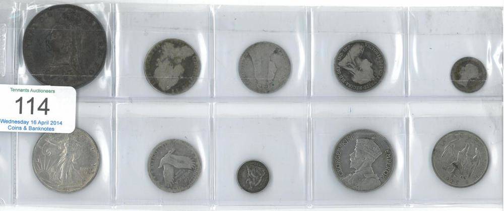 Lot 114 - Miscellaneous English & Foreign Silver Coins comprising: crown 1889, dark tone Fine, 3 x shillings