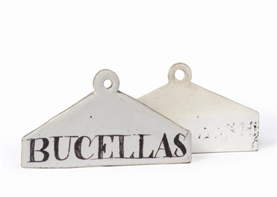 Lot 145 - A Tin Glaze Wine Bin Label for Bucellas, London (possibly Mortlake, Sanders), circa 1760-70, of...