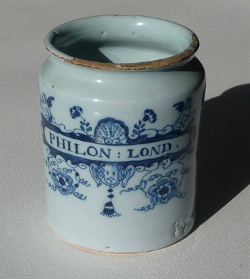 Lot 146 - A Tin Glaze Drug Jar, probably London, circa 1750, cylindrical, one side with strapwork...