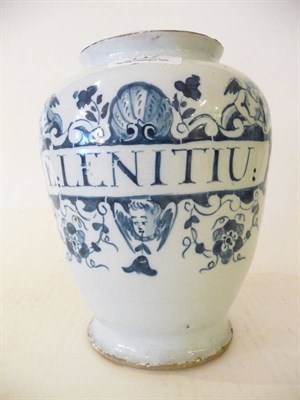 Lot 147 - An English Tin Glaze Drug Jar, probably London, circa 1750, of ovoid form, on one side only...