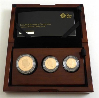 Lot 34 - 3-Coin Gold Proof 'Premium' Sovereign Set 2014 comprising: double sovereign, sovereign & half...