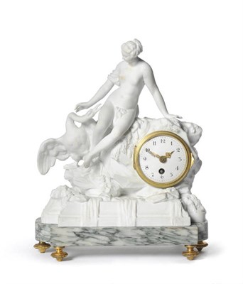 Lot 164 - A French White Biscuit Porcelain Mantel Clock, Leda and the Swan, circa 1870, the nude maiden...