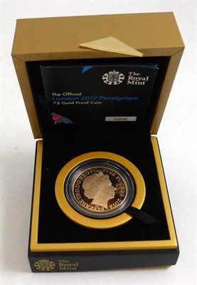 Lot 51 - London 2012 Paralympics Official Gold Proof £5, rev. a design showing segments of a target,...