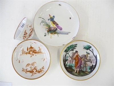 Lot 165 - A Meissen Saucer, circa 1770, painted with an exotic bird perched on a rock by a pond, insects...